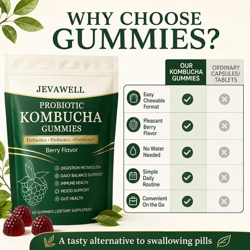 Jevawell Kombucha Gummies | Probiotic Kombucha Gummies Supplement for Women | with Postbiotics, Probiotics, Prebiotics | Support Gut Health | Bloating Comfort | Enhance Immunity | 60 Gummies in Kuwait