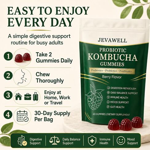 Jevawell Kombucha Gummies | Probiotic Kombucha Gummies Supplement for Women | with Postbiotics, Probiotics, Prebiotics | Support Gut Health | Bloating Comfort | Enhance Immunity | 60 Gummies in Kuwait