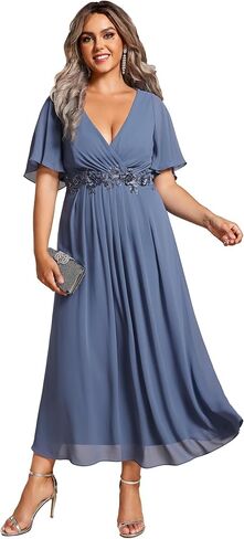 Ever-Pretty Plus Women's V-Neck Chiffon Maxi Plus Size Formal Wedding Guest Dress Applique A-Line Mother of Bride Dresses in Kuwait