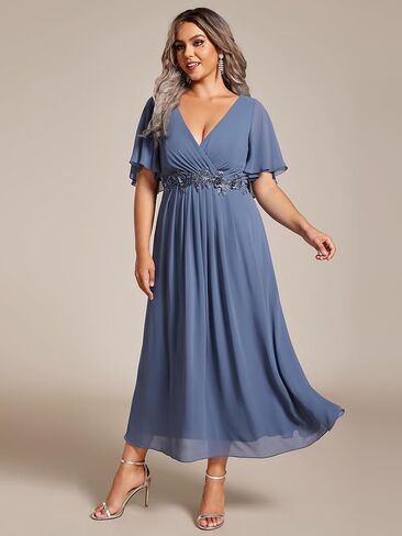 Ever-Pretty Plus Women's V-Neck Chiffon Maxi Plus Size Formal Wedding Guest Dress Applique A-Line Mother of Bride Dresses in Kuwait