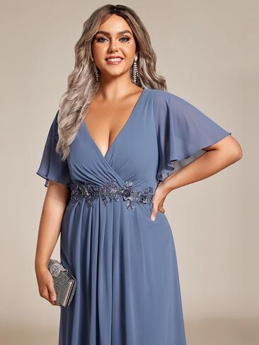 Ever-Pretty Plus Women's V-Neck Chiffon Maxi Plus Size Formal Wedding Guest Dress Applique A-Line Mother of Bride Dresses in Kuwait
