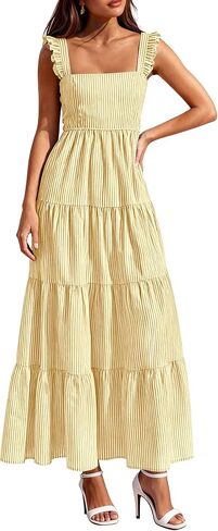 PRETTYGARDEN Womens 2026 Summer Casual Maxi Dresses Striped Square Neck Sleeveless Boho Flowy Sundress Beach Vacation Clothes in Kuwait