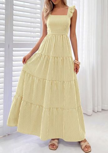 PRETTYGARDEN Womens 2026 Summer Casual Maxi Dresses Striped Square Neck Sleeveless Boho Flowy Sundress Beach Vacation Clothes in Kuwait