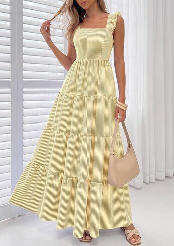 PRETTYGARDEN Womens 2026 Summer Casual Maxi Dresses Striped Square Neck Sleeveless Boho Flowy Sundress Beach Vacation Clothes in Kuwait