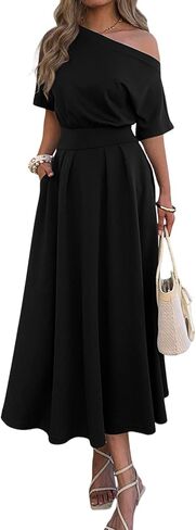 Mieazom Elegant One Shoulder Maxi Dresses for Women Summer Casual Loose Empire Waist Pleated Formal Long Dress with Pockets in Kuwait