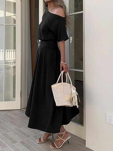 Mieazom Elegant One Shoulder Maxi Dresses for Women Summer Casual Loose Empire Waist Pleated Formal Long Dress with Pockets in Kuwait
