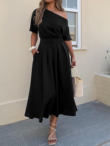 Mieazom Elegant One Shoulder Maxi Dresses for Women Summer Casual Loose Empire Waist Pleated Formal Long Dress with Pockets in Kuwait