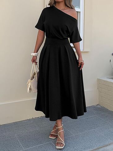 Mieazom Elegant One Shoulder Maxi Dresses for Women Summer Casual Loose Empire Waist Pleated Formal Long Dress with Pockets in Kuwait