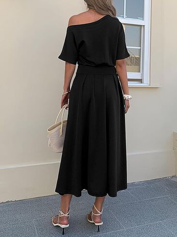 Mieazom Elegant One Shoulder Maxi Dresses for Women Summer Casual Loose Empire Waist Pleated Formal Long Dress with Pockets in Kuwait