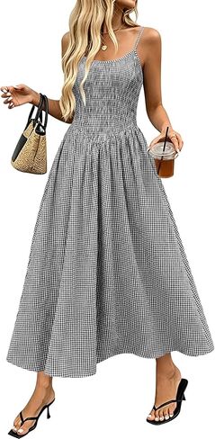 Relipop Women's Summer Midi Dresses 2026 Casual Plaid Sleeveless Spaghetti Strap Smocked Tiered Beach Sundress & Pockets in Saudi Arabia