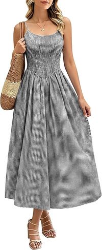 Relipop Women's Summer Midi Dresses 2026 Casual Plaid Sleeveless Spaghetti Strap Smocked Tiered Beach Sundress & Pockets in Saudi Arabia