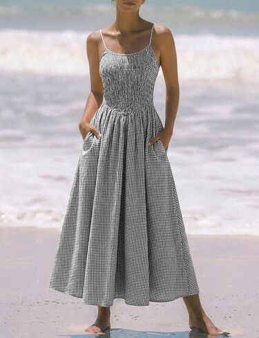 Relipop Women's Summer Midi Dresses 2026 Casual Plaid Sleeveless Spaghetti Strap Smocked Tiered Beach Sundress & Pockets in Saudi Arabia