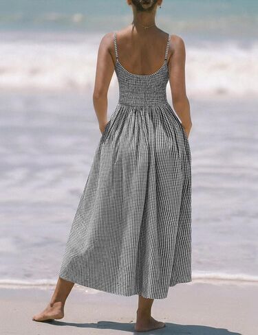 Relipop Women's Summer Midi Dresses 2026 Casual Plaid Sleeveless Spaghetti Strap Smocked Tiered Beach Sundress & Pockets in Saudi Arabia