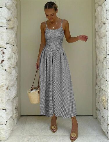 Relipop Women's Summer Midi Dresses 2026 Casual Plaid Sleeveless Spaghetti Strap Smocked Tiered Beach Sundress & Pockets in Saudi Arabia