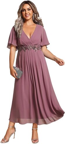 Ever-Pretty Plus Women's V-Neck Chiffon Maxi Plus Size Formal Wedding Guest Dress Applique A-Line Mother of Bride Dresses in Kuwait