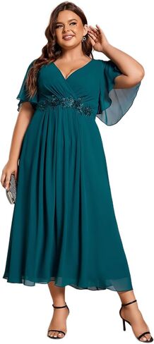Ever-Pretty Plus Women's V-Neck Chiffon Maxi Plus Size Formal Wedding Guest Dress Applique A-Line Mother of Bride Dresses in Kuwait