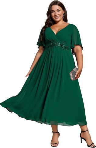 Ever-Pretty Plus Women's V-Neck Chiffon Maxi Plus Size Formal Wedding Guest Dress Applique A-Line Mother of Bride Dresses in Kuwait