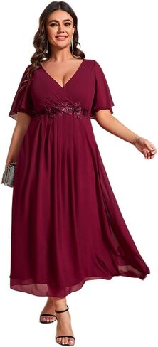 Ever-Pretty Plus Women's V-Neck Chiffon Maxi Plus Size Formal Wedding Guest Dress Applique A-Line Mother of Bride Dresses in Kuwait
