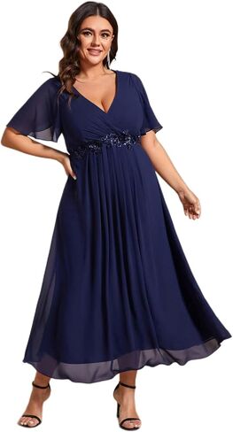 Ever-Pretty Plus Women's V-Neck Chiffon Maxi Plus Size Formal Wedding Guest Dress Applique A-Line Mother of Bride Dresses in Kuwait