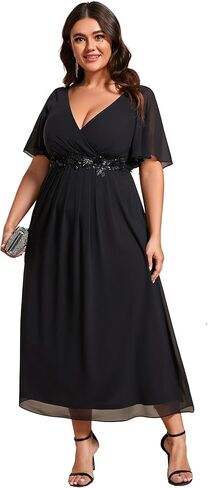 Ever-Pretty Plus Women's V-Neck Chiffon Maxi Plus Size Formal Wedding Guest Dress Applique A-Line Mother of Bride Dresses in Kuwait