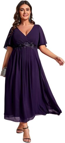 Ever-Pretty Plus Women's V-Neck Chiffon Maxi Plus Size Formal Wedding Guest Dress Applique A-Line Mother of Bride Dresses in Kuwait