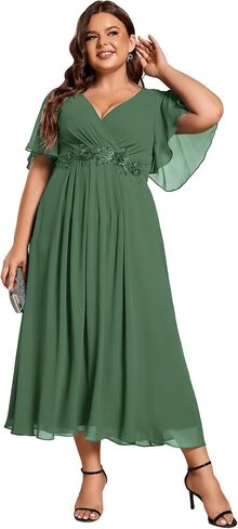 Ever-Pretty Plus Women's V-Neck Chiffon Maxi Plus Size Formal Wedding Guest Dress Applique A-Line Mother of Bride Dresses in Kuwait