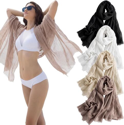 Hercicy 4 Pcs Women Summer Scarves, Lightweight Linen Beach Shawl Wrap, 73" x 35" Cotton Crinkle Hijab for Summer in Kuwait