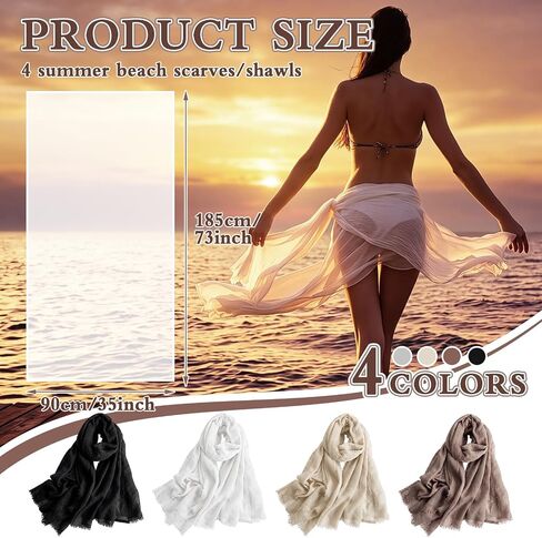 Hercicy 4 Pcs Women Summer Scarves, Lightweight Linen Beach Shawl Wrap, 73" x 35" Cotton Crinkle Hijab for Summer in Kuwait