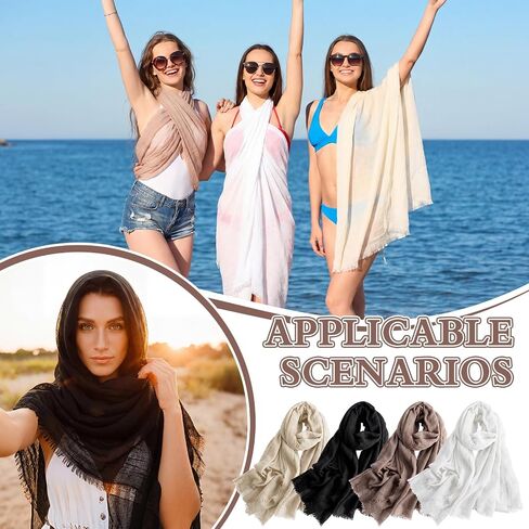 Hercicy 4 Pcs Women Summer Scarves, Lightweight Linen Beach Shawl Wrap, 73" x 35" Cotton Crinkle Hijab for Summer in Kuwait