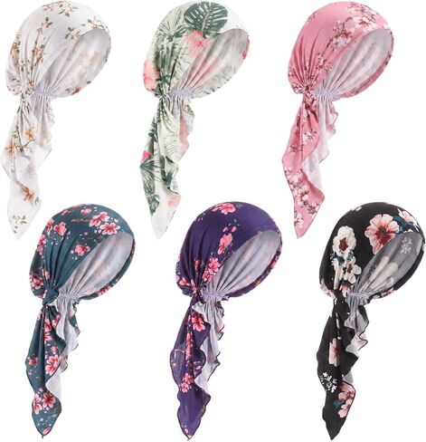 Chicingyou 6 Pcs Chemo Headwear for Women Pre Tied Head Scarf Beanies Cover Cap Lightweight Stretch Ruffle Print Turban Hat in Kuwait