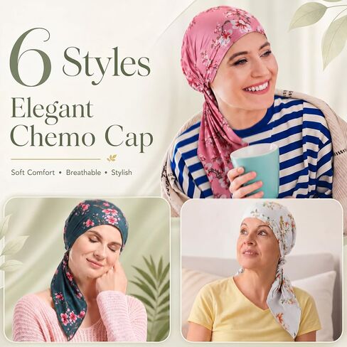 Chicingyou 6 Pcs Chemo Headwear for Women Pre Tied Head Scarf Beanies Cover Cap Lightweight Stretch Ruffle Print Turban Hat in Kuwait
