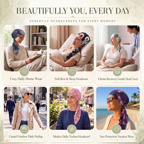 Chicingyou 6 Pcs Chemo Headwear for Women Pre Tied Head Scarf Beanies Cover Cap Lightweight Stretch Ruffle Print Turban Hat in Kuwait