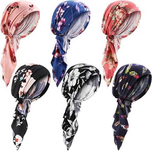 Chicingyou 6 Pcs Chemo Headwear for Women Pre Tied Head Scarf Beanies Cover Cap Lightweight Stretch Ruffle Print Turban Hat in Kuwait
