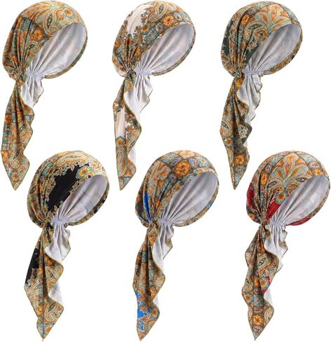 Chicingyou 6 Pcs Chemo Headwear for Women Pre Tied Head Scarf Beanies Cover Cap Lightweight Stretch Ruffle Print Turban Hat in Kuwait