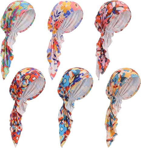 Chicingyou 6 Pcs Chemo Headwear for Women Pre Tied Head Scarf Beanies Cover Cap Lightweight Stretch Ruffle Print Turban Hat in Kuwait