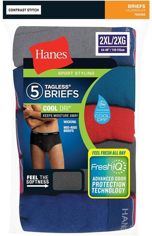 Hanes Men's Cotton Briefs Cool Dri Mid-Rise Sport Styling 5-Pack FreshIQ (Assorted- 5-Pack Briefs, 2XL) in Kuwait
