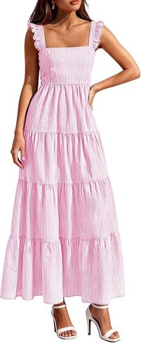 PRETTYGARDEN Womens 2026 Summer Casual Maxi Dresses Striped Square Neck Sleeveless Boho Flowy Sundress Beach Vacation Clothes in Kuwait