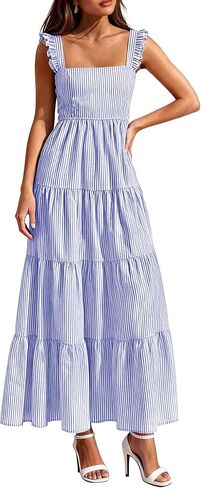 PRETTYGARDEN Womens 2026 Summer Casual Maxi Dresses Striped Square Neck Sleeveless Boho Flowy Sundress Beach Vacation Clothes in Kuwait