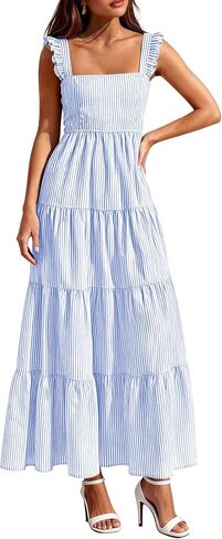PRETTYGARDEN Womens 2026 Summer Casual Maxi Dresses Striped Square Neck Sleeveless Boho Flowy Sundress Beach Vacation Clothes in Kuwait