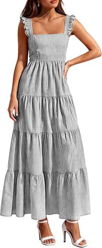 PRETTYGARDEN Womens 2026 Summer Casual Maxi Dresses Striped Square Neck Sleeveless Boho Flowy Sundress Beach Vacation Clothes in Kuwait