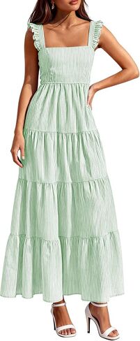 PRETTYGARDEN Womens 2026 Summer Casual Maxi Dresses Striped Square Neck Sleeveless Boho Flowy Sundress Beach Vacation Clothes in Kuwait