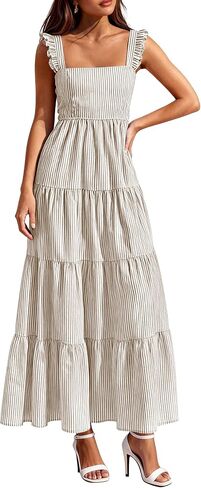 PRETTYGARDEN Womens 2026 Summer Casual Maxi Dresses Striped Square Neck Sleeveless Boho Flowy Sundress Beach Vacation Clothes in Kuwait
