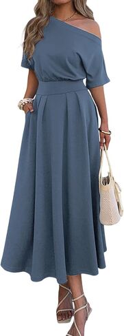 Mieazom Elegant One Shoulder Maxi Dresses for Women Summer Casual Loose Empire Waist Pleated Formal Long Dress with Pockets in Kuwait