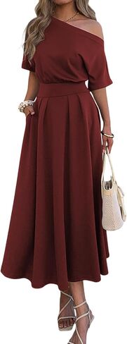 Mieazom Elegant One Shoulder Maxi Dresses for Women Summer Casual Loose Empire Waist Pleated Formal Long Dress with Pockets in Kuwait