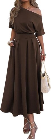 Mieazom Elegant One Shoulder Maxi Dresses for Women Summer Casual Loose Empire Waist Pleated Formal Long Dress with Pockets in Kuwait