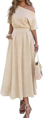 Mieazom Elegant One Shoulder Maxi Dresses for Women Summer Casual Loose Empire Waist Pleated Formal Long Dress with Pockets in Kuwait