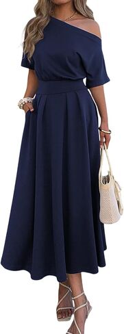 Mieazom Elegant One Shoulder Maxi Dresses for Women Summer Casual Loose Empire Waist Pleated Formal Long Dress with Pockets in Kuwait