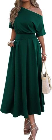 Mieazom Elegant One Shoulder Maxi Dresses for Women Summer Casual Loose Empire Waist Pleated Formal Long Dress with Pockets in Kuwait