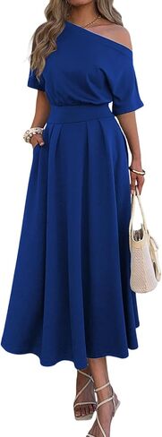 Mieazom Elegant One Shoulder Maxi Dresses for Women Summer Casual Loose Empire Waist Pleated Formal Long Dress with Pockets in Kuwait