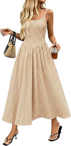 Relipop Women's Summer Midi Dresses 2026 Casual Plaid Sleeveless Spaghetti Strap Smocked Tiered Beach Sundress & Pockets in Saudi Arabia